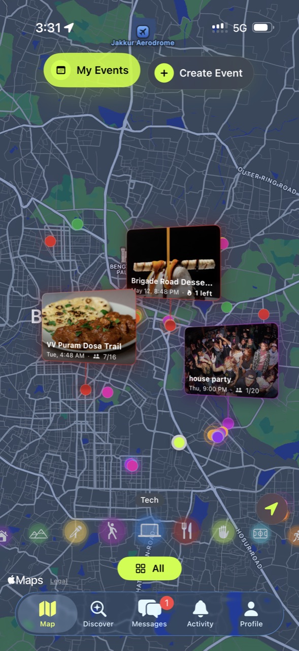PlsTouchGrass map view showing event pins across Bangalore