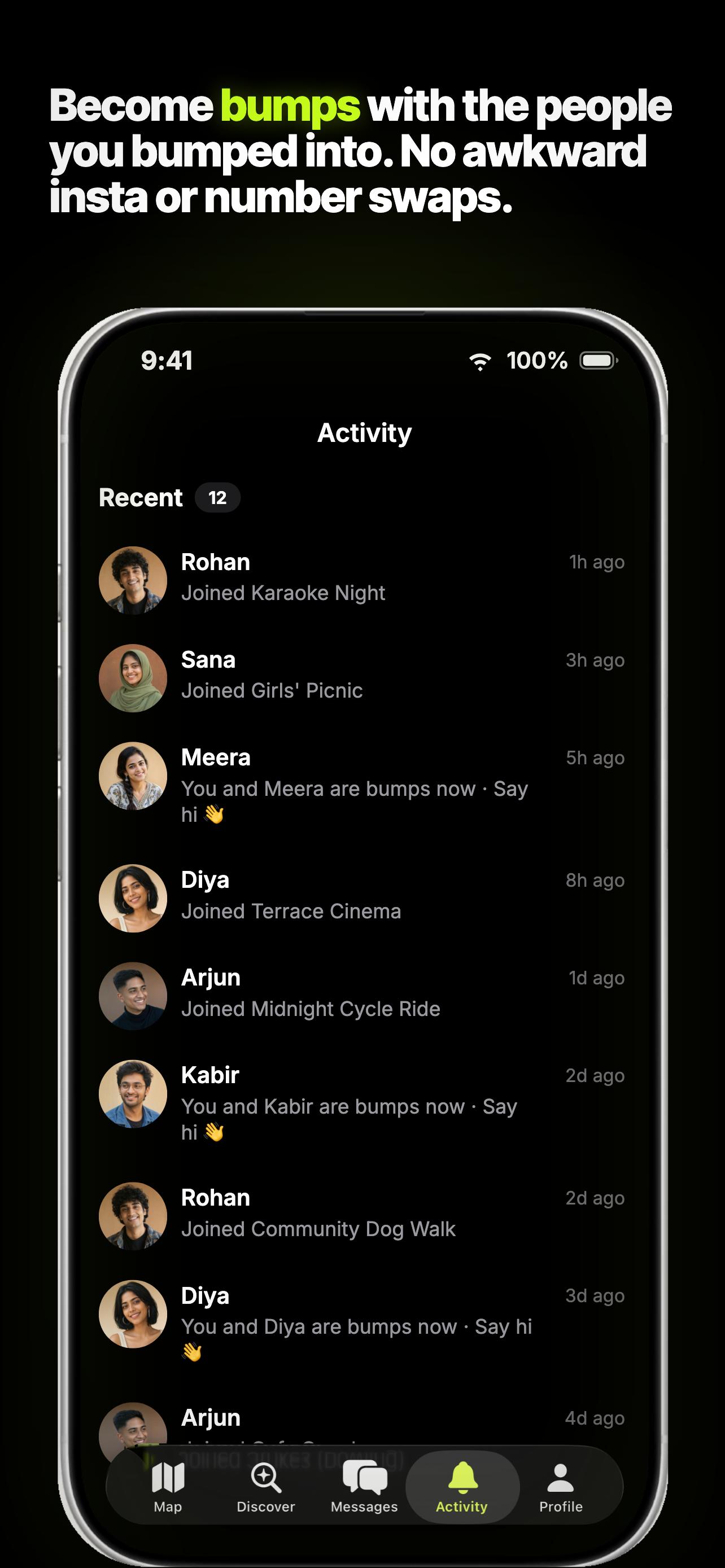 PlsTouchGrass activity feed showing new bumps and hangout activity