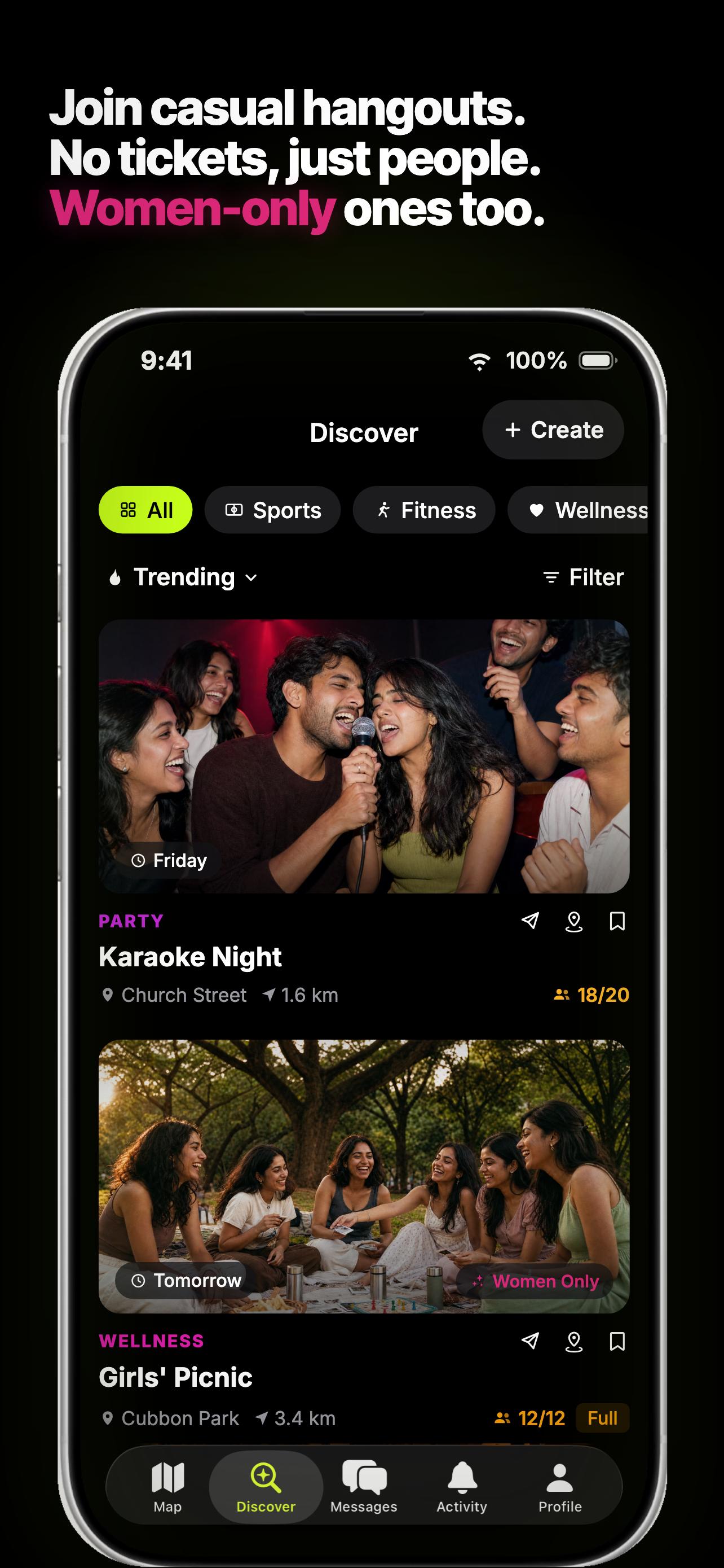 PlsTouchGrass discovery feed with casual and women-only hangouts