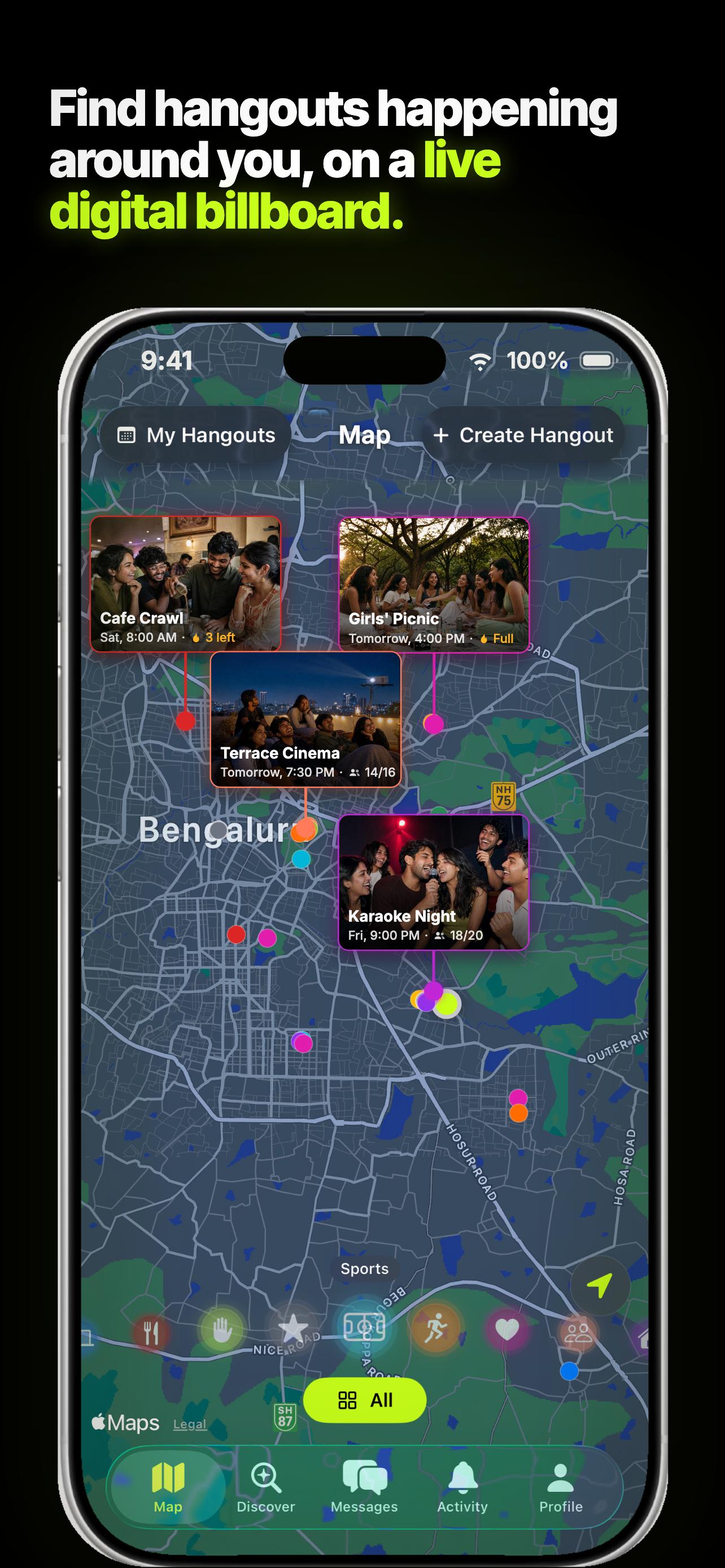PlsTouchGrass live map showing casual hangouts around Bangalore