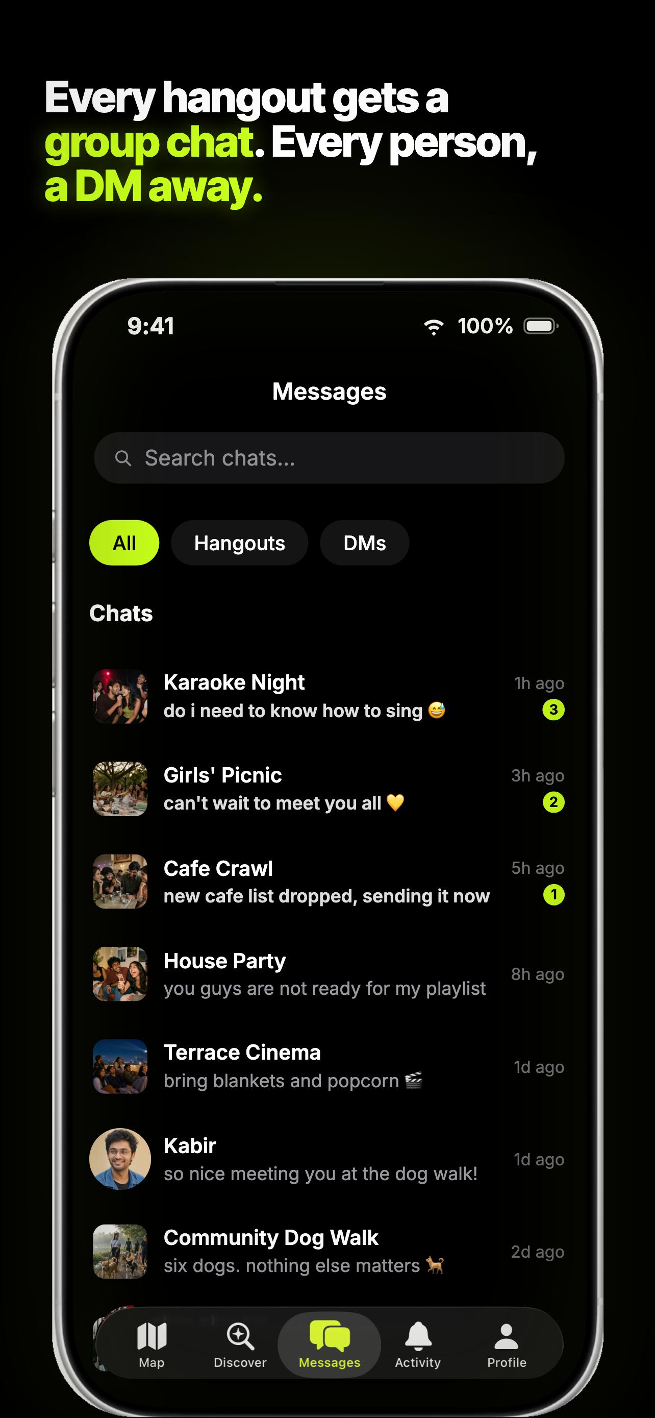 PlsTouchGrass messages with hangout group chats and direct messages
