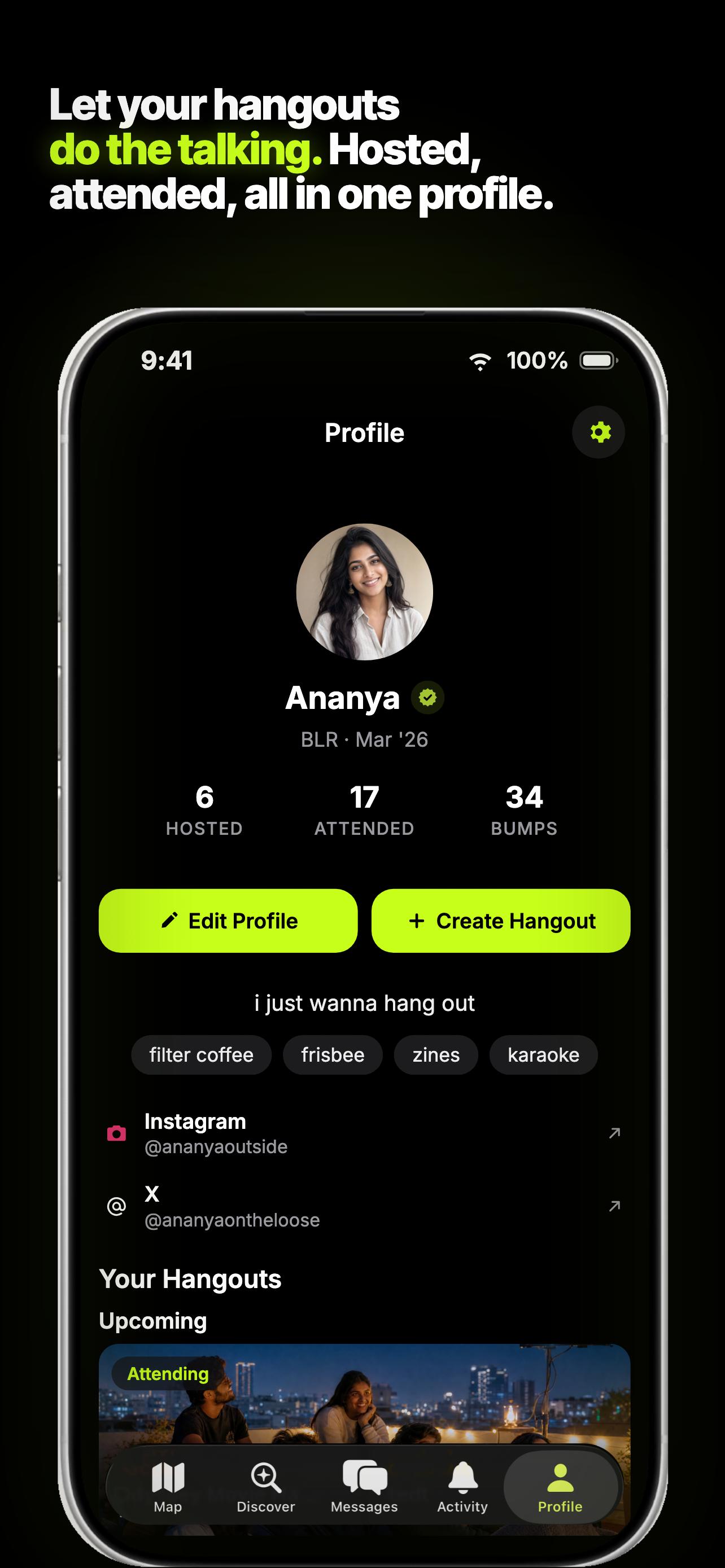 PlsTouchGrass profile showing hosted hangouts, attended hangouts, and bumps